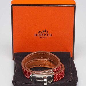 Hermes Bougainvillea Lizard Palladium Plated Kelly Double Tour Bracelet Size XS